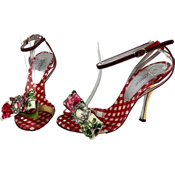 37Dolce Gabbana Floral Print Bow Sandals Crystal Buckle Vintage Gingham